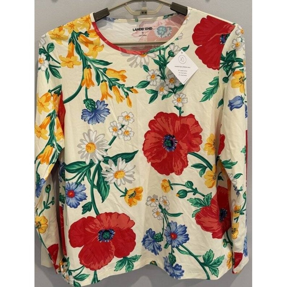 Lands End Pale Yellow Bold Floral Print Long Sleeve Rash Guard New Size XL 18